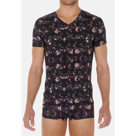 T shirt Hom Col V microfibre imprimé Fleuris Sebastian