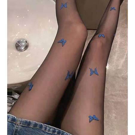 Collant-noir-semi-opaque-flocké-papillons-bleus-noir