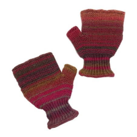 Mitaines-5-doigts-Laine-tricotée-rayures-brun-rouge