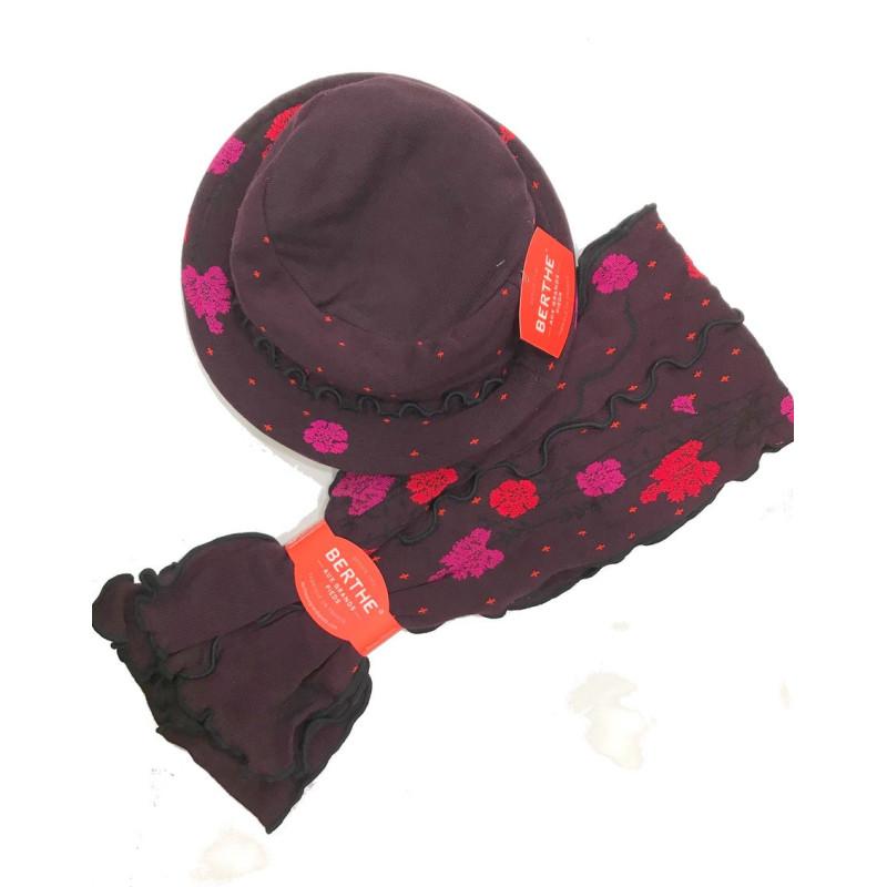 Coffret Echarpes et Bonnet Berthe Bordeaux bouquet