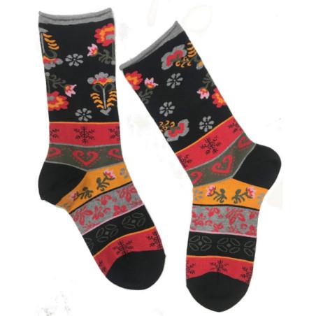Chaussettes-coton-sans-compression-cronert-Fleurs-patchwork-noir