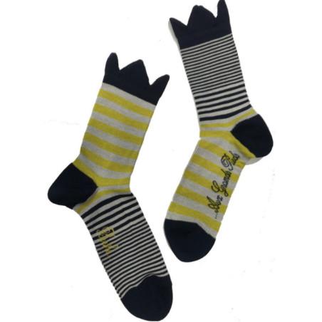 Berthe-aux-grands-pieds-chaussettes-fil-d-ecosse-Rayures-asymétrique-courronnes-jaunes-acide