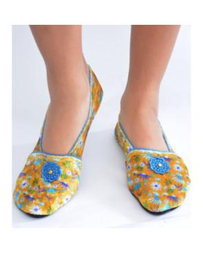 Chaussons-velours-imprimé-les-petits-caprices-Follies-bleu-vintage-avant