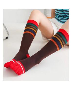 Mi-bas-coton-brun-Multi-rayures-5-doigts-de-pieds-en-vrai