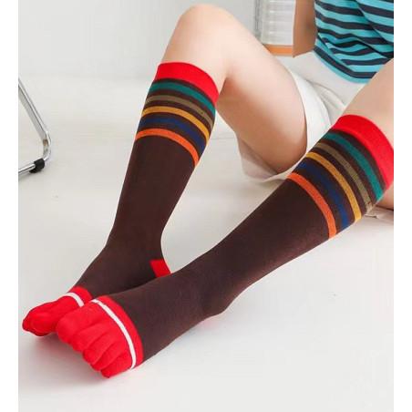 Mi-bas-coton-brun-Multi-rayures-5-doigts-de-pieds-en-vrai
