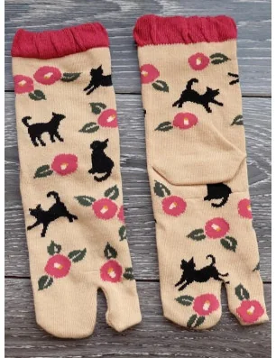 Chaussettes japonaises coton chat fleuri