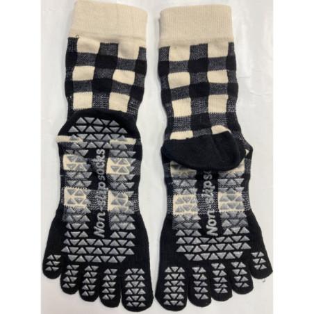 Chaussettes-coton-5-Doigts-Yoga-Pilates-Anti-dérapantes-carreaux-détail-semelles