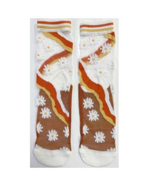 Chaussettes fines et transparente MArguerites et fond bordeaux