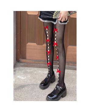 Collant-Les-PEtits-caprices-resille-noir-baguettes-gouttes-et-rubans-rouges