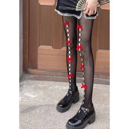 Collant-Les-PEtits-caprices-resille-noir-baguettes-gouttes-et-rubans-rouges