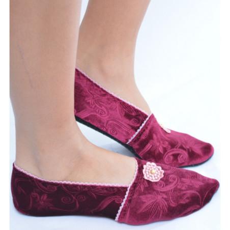 Chausson  Velours Wine Fleuri Anti dérapant Les Petits Caprices
