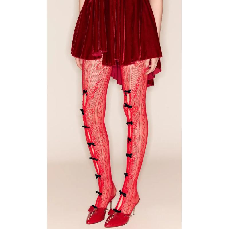 Collant Dentelle rouge à Rubans Noir