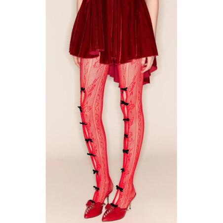 Collant Dentelle rouge à Rubans Noir