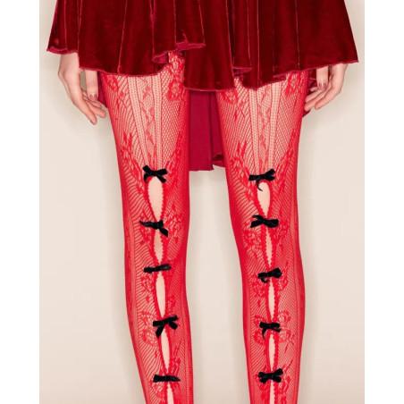 Collant Dentelle rouge à Rubans Noir