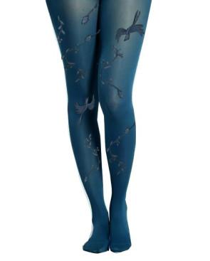 Collant-berthe-aux grands-pieds-cobalt-opaque-chiné-cobalt-oiseaux de feux-fleuri-