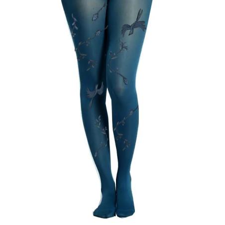 Collant-berthe-aux grands-pieds-cobalt-opaque-chiné-cobalt-oiseaux de feux-fleuri-