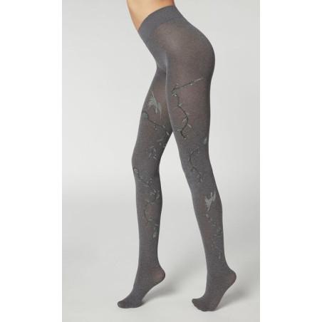 Collant-berthe-aux grands-pieds-cobalt-opaque-chiné-Kaki-oiseaux de feux-fleuri-