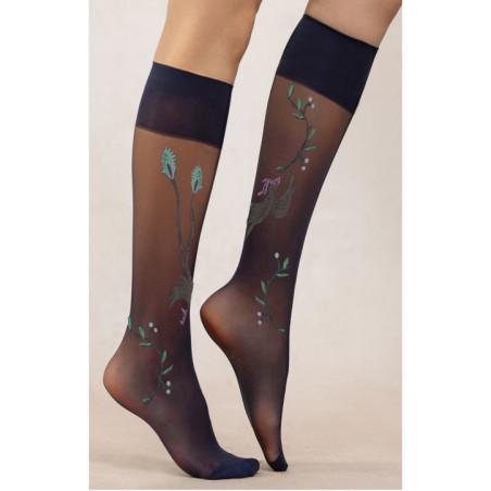 Mi-bas-berthe-aux-grands-pieds-lycra-marine-semi-opaque-oiseaux-marrons-fleuris-rose