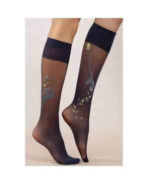 Mi-bas-berthe-aux-grands-pieds-lycra-marine-semi-opaque-oiseaux-Gris-fleuris-jaune