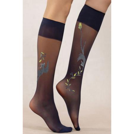 Mi-bas-berthe-aux-grands-pieds-lycra-marine-semi-opaque-oiseaux-Gris-fleuris-jaune