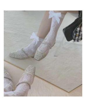  chaussettes-ajustables-dentelle-résille-Fleuris-blanc-ruban-velours
