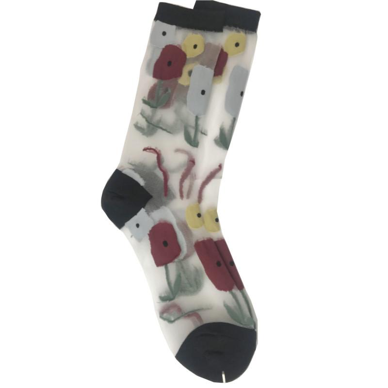 chaussettes-cristal--transparente-coton-LPC-bouquet-de-tulipes-de-couleurs-base-noir