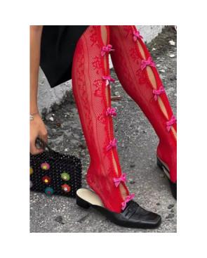  Collant-resille-dentelle-à rubans-rouge-noeud-rose-détail