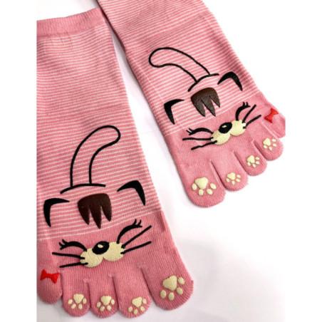 chaussettes-coton-5-doigts-chats-moustaches-rose