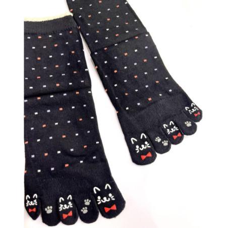 chaussettes-coton-5-doigts-plumetis-noir-chats-orteils