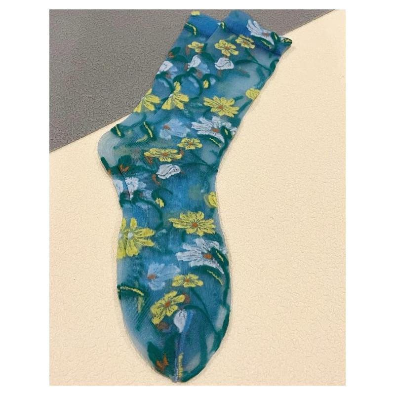 Chaussettes Azur Fleurs jaunes blanches Crystal