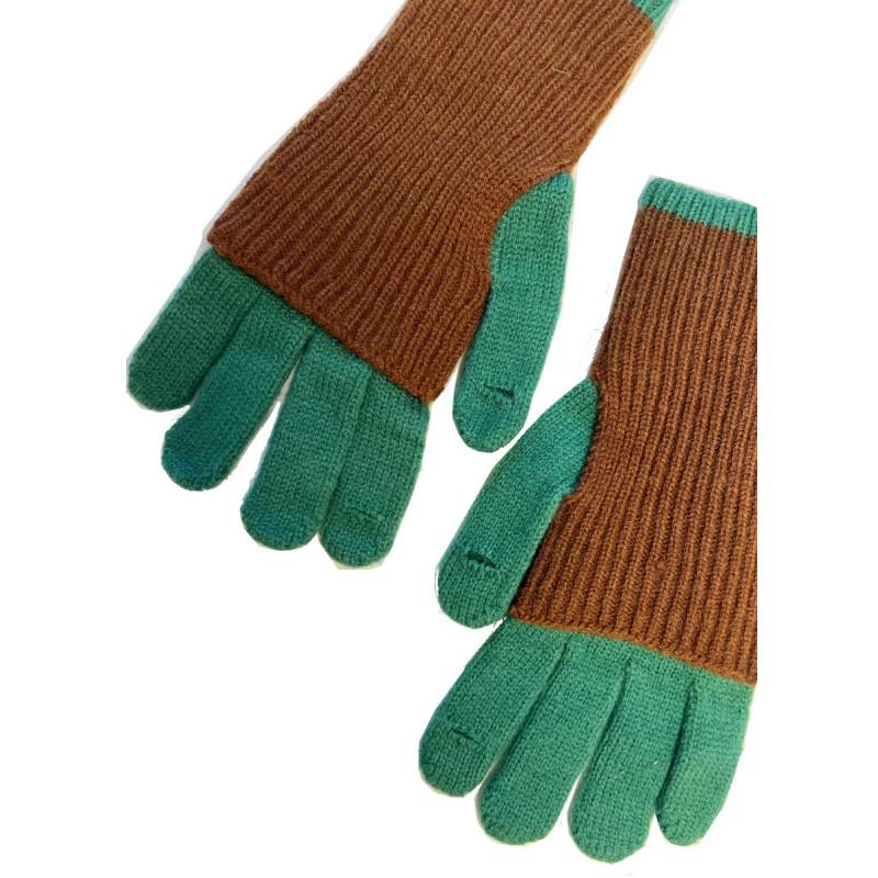 Gants Mitaines superposé chics Bicolore Brun vert