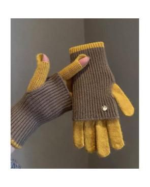 Gants Mitaines superposé chics Bicolore Moutarde Kaki
