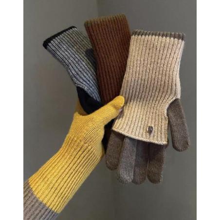 Gants Mitaines superposé chics Bicolore Moutarde Kaki