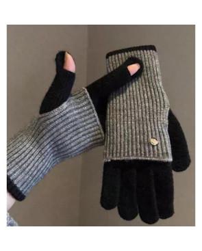 gants-mitaines laine-douce-ouvertes-aux pouces-noir-gris-ouvertures