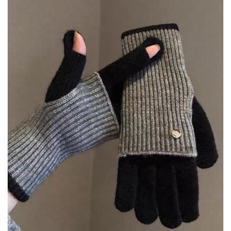 gants-mitaines laine-douce-ouvertes-aux pouces-noir-gris-ouvertures