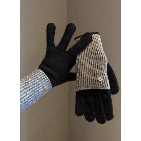 Gants Mitaines superposé chics Bicolore Noir Gris