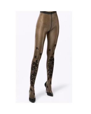 Collant-Pierre-Mantoux-Lurex-doré-Bouquet-fleuris-noirs