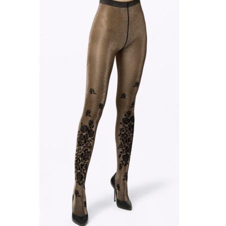 Collant-Pierre-Mantoux-Lurex-doré-Bouquet-fleuris-noirs