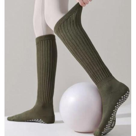 Mi bas-coton-cotes--anti-dérapant-yoga-kaki