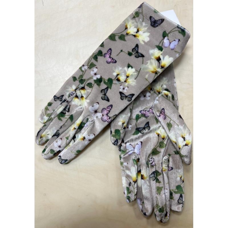 Gants de velours imprimé Papillons Fleuris Gris