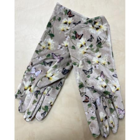 Gants de velours imprimé Papillons Fleuris Gris