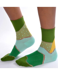 Chaussettes patchwork vert à pois transparents