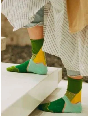 Chaussettes patchwork vert à pois transparents
