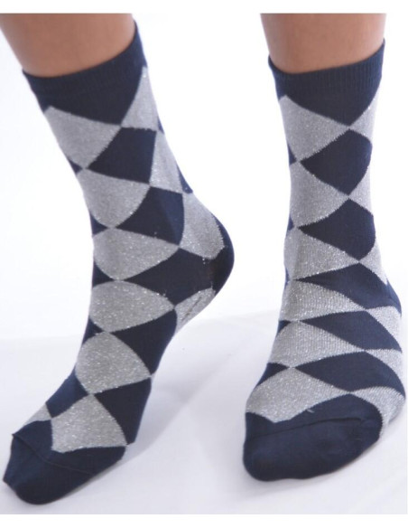 Cahussettes marine argenté carreaux arlequin