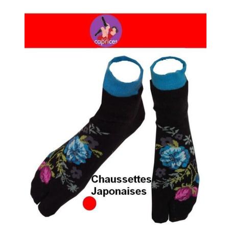 Chaussettes japonaise noire petites fleurs bleues