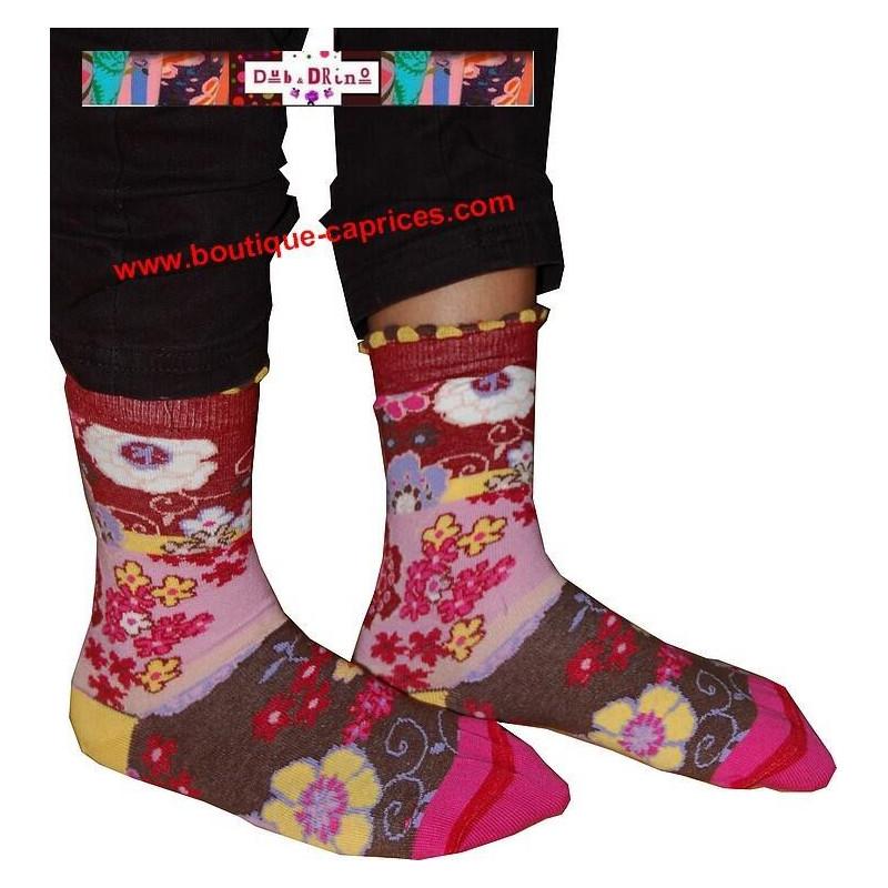 chaussettes fil  de joie bouquet fleuri rose et taupe
