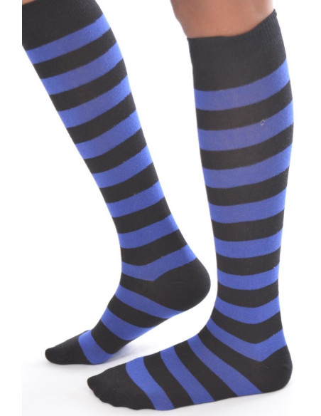 Mi bas rayures fantaisie noires et bleu en coton