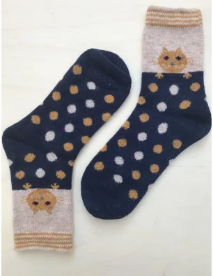 Chaussettes marine laine angora chats à pois