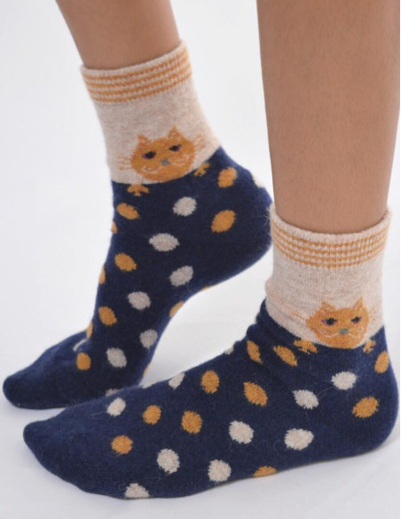 Chaussettes en laine angora marine chats et pois délire