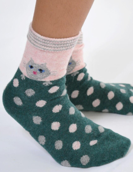 Chaussettes laine angora chat à pois vert